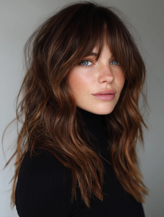 Long wavy chestnut brown hair with curtain bangs