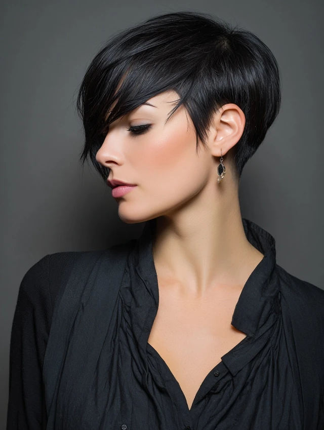 Jet-black asymmetric pixie haircut with a long fringe swept across the face