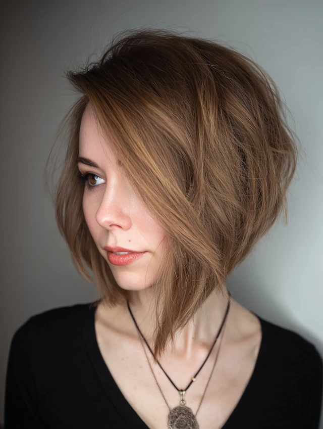 Asymmetrical angled bob, longer in front and stacked at the back