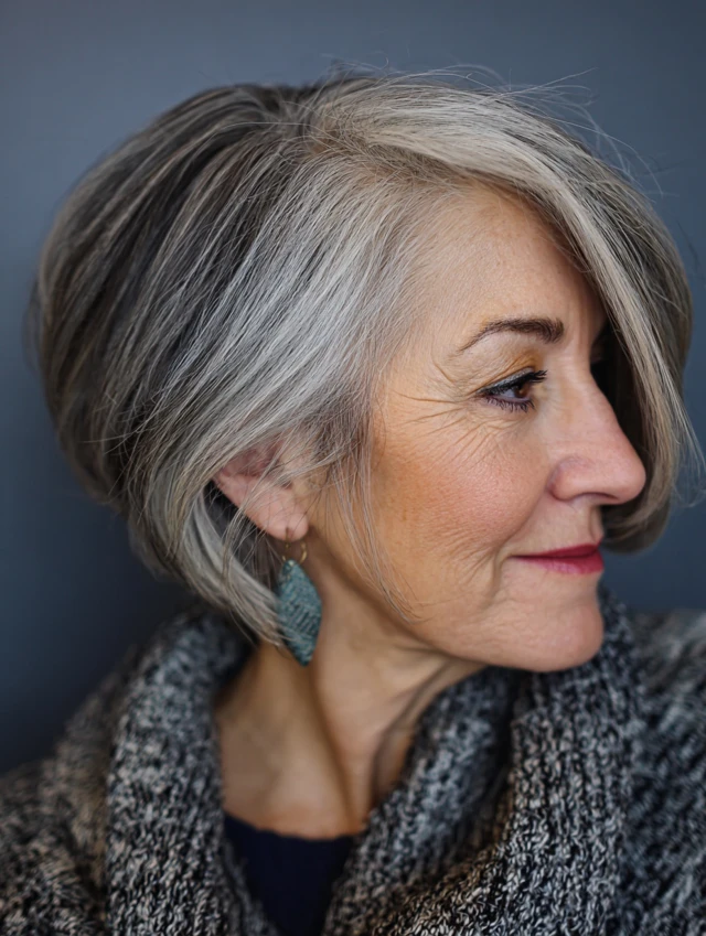 Chin length bob with side part on a mature woman