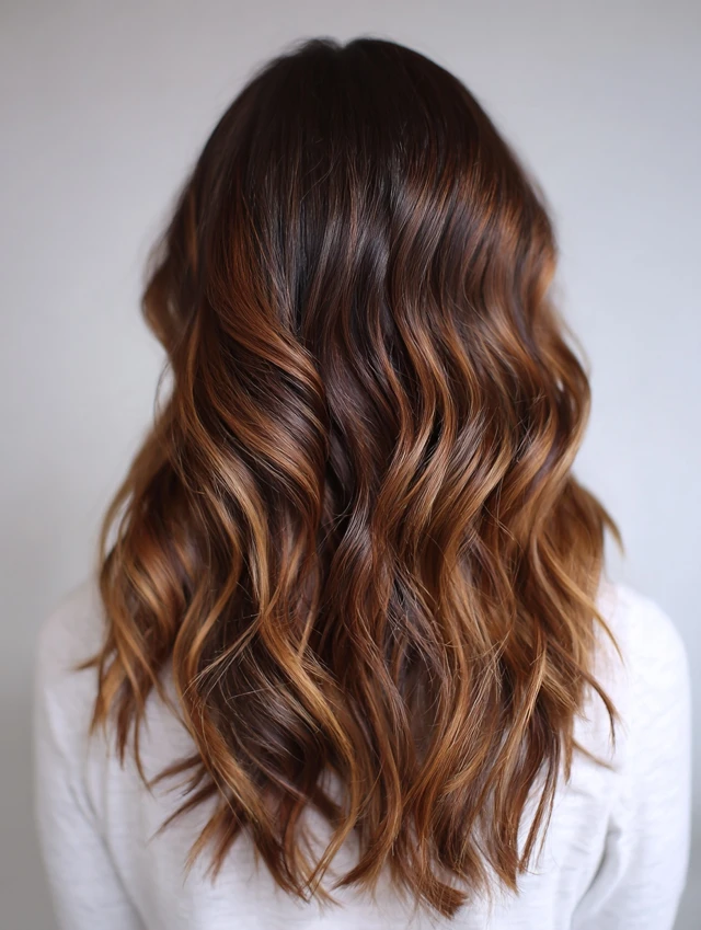 Dark caramel balayage ribbons on long wavy brunette hair