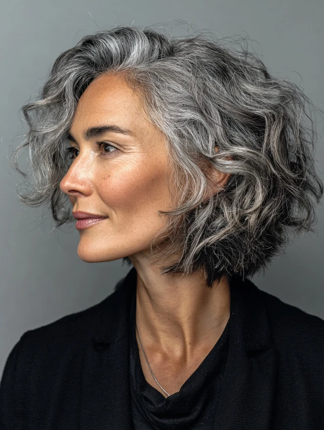 Textured wavy silver gray bob haircut