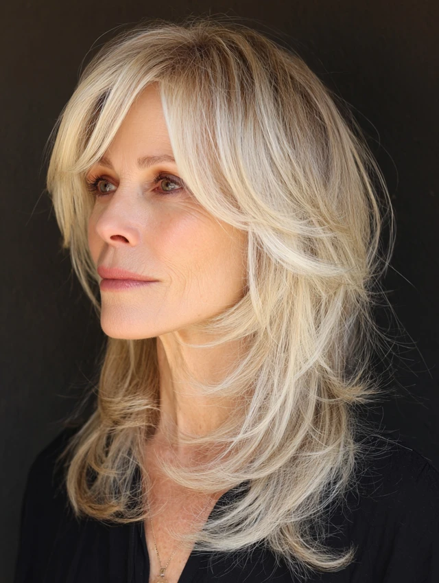 Long blonde layered haircut with curtain bangs on an older woman