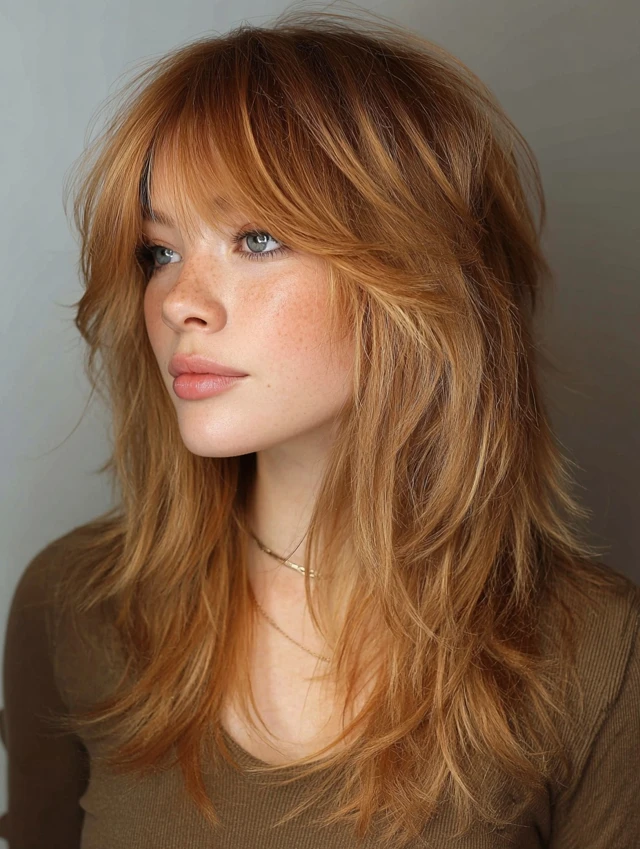 A woman with a tousled copper haircut and curtain bangs