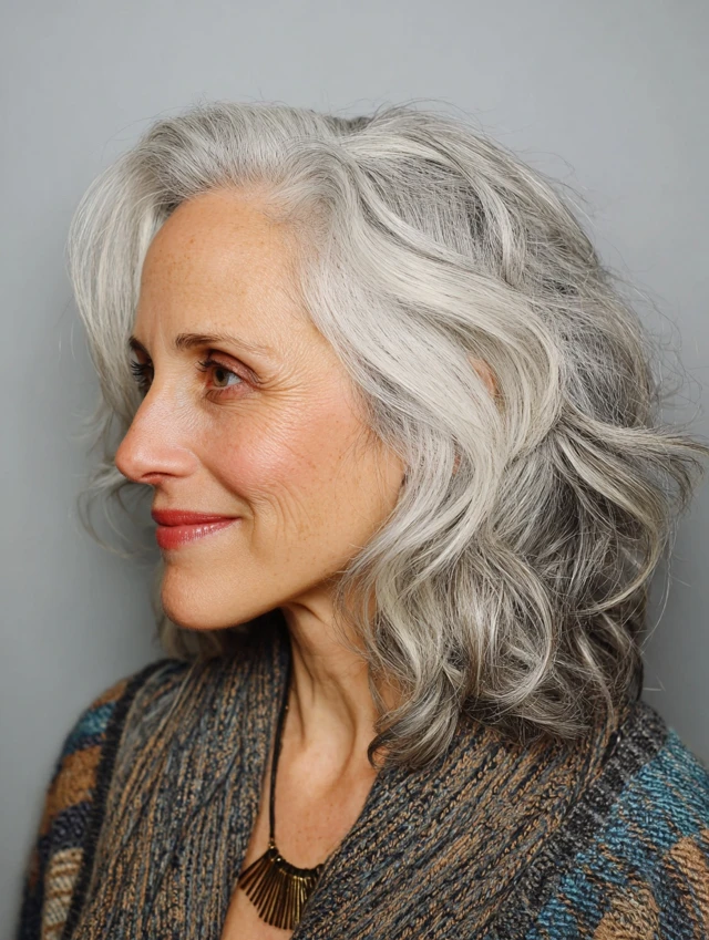 Shoulder-length wavy hair with soft natural silver-gray blending