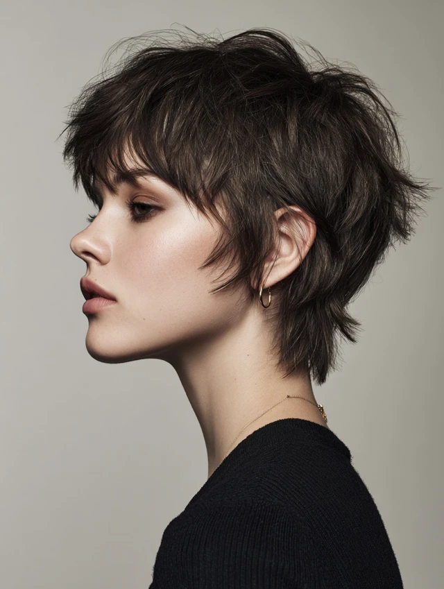 Shaggy pixie haircut with curtain bangs and layered texture