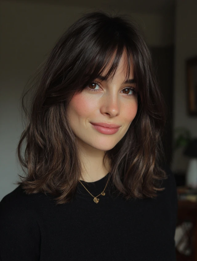 Dark brown layered lob with wispy curtain bangs and soft waves