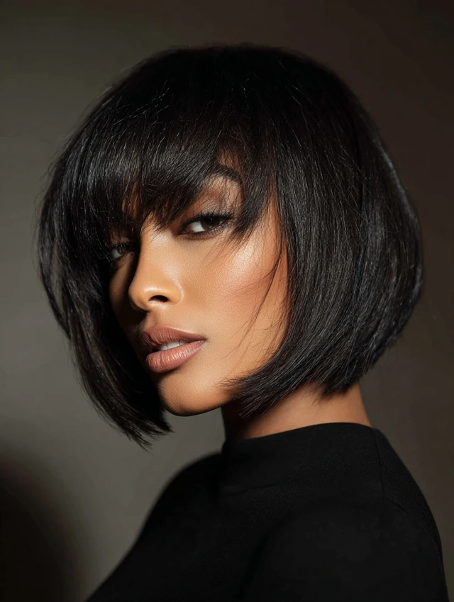 Jet black blunt bob with bangs on a Black woman