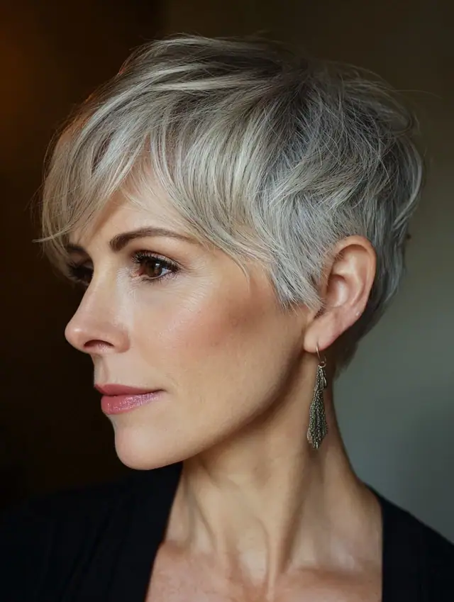 Slate gray tapered pixie haircut