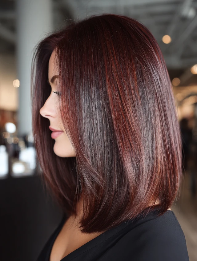Cherry cola balayage on a shoulder-length wavy lob