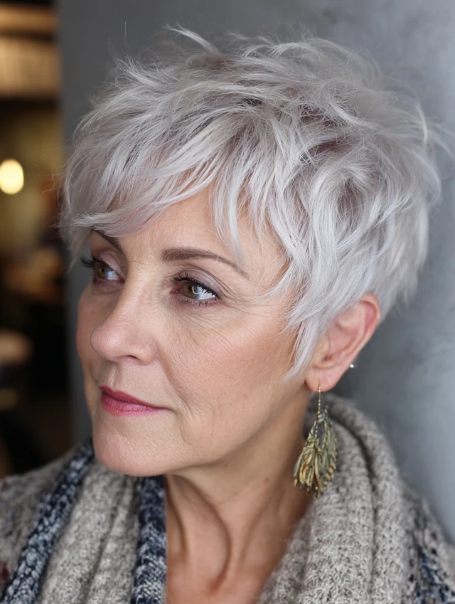 Platinum silver textured pixie crop on gray hair