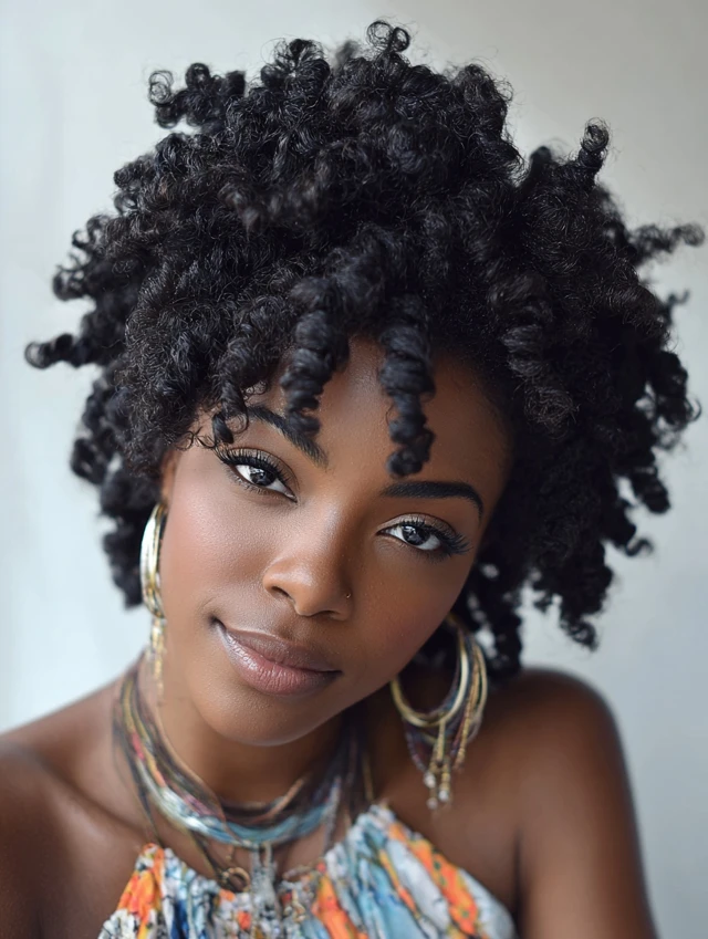Rounded natural curly afro hairstyle with shape