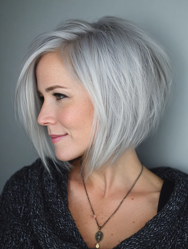 Silver gray lob long bob haircut with subtle wave