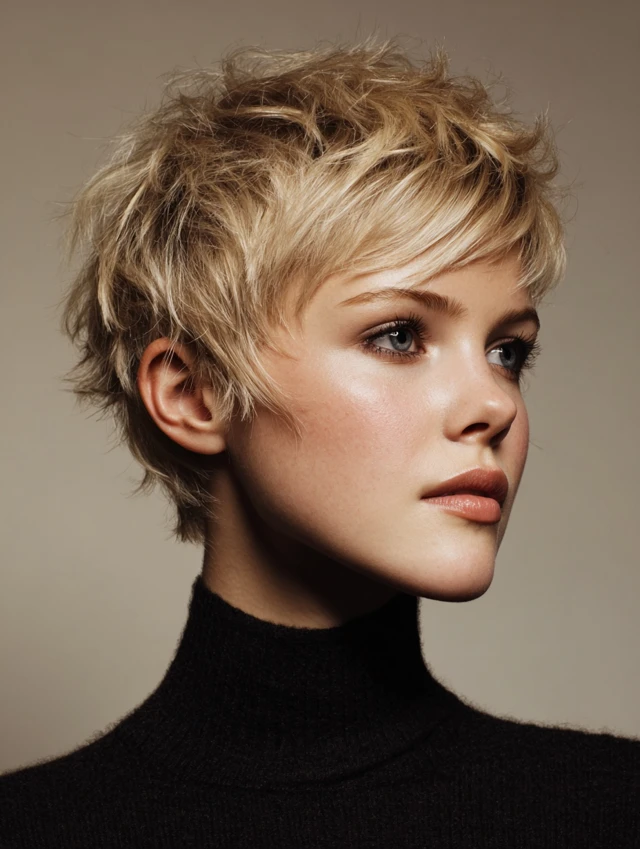 Textured blonde pixie with a long feathery fringe