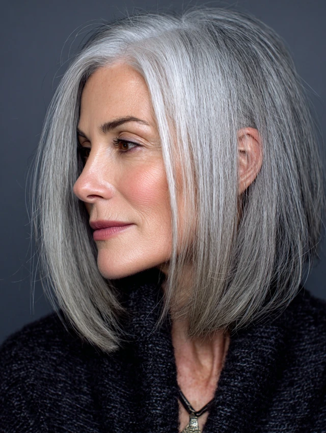 Blunt gray bob haircut with straight bangs