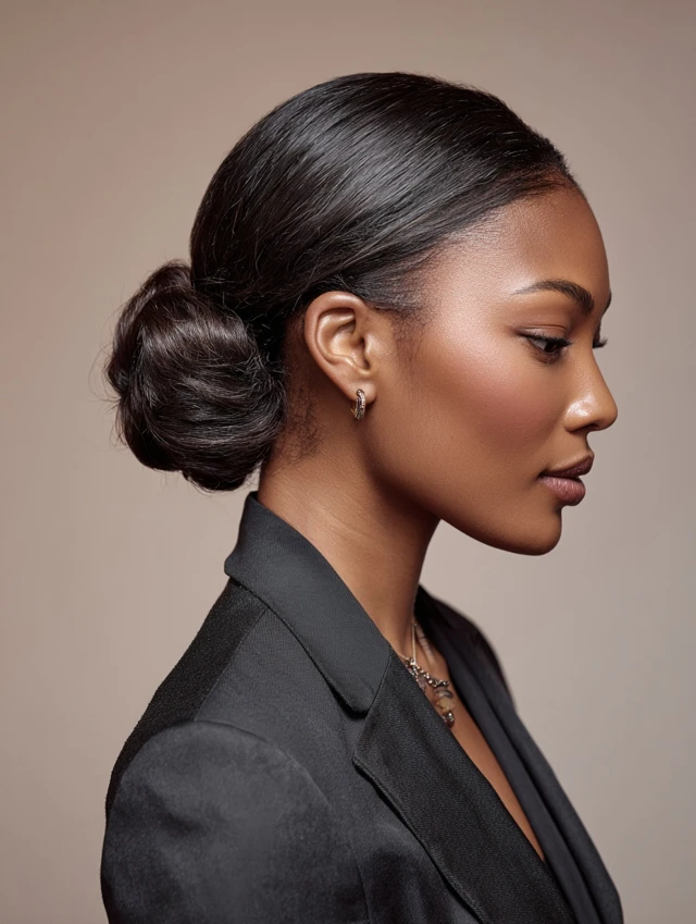 Low sleek bun on silk-pressed natural hair, side profile