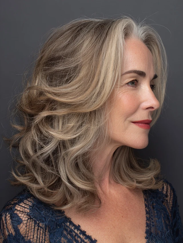 Layered medium length haircut with soft waves on an older woman