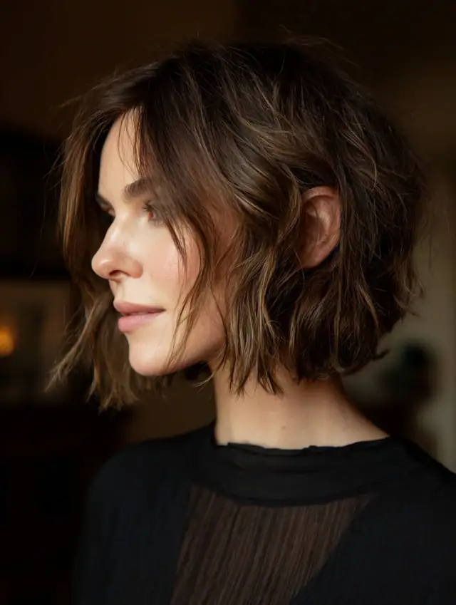 Brunette textured bob with piece-y ends and a side-swept fringe