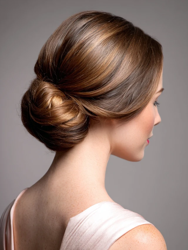 Low twisted chignon at the nape with warm brunette highlights