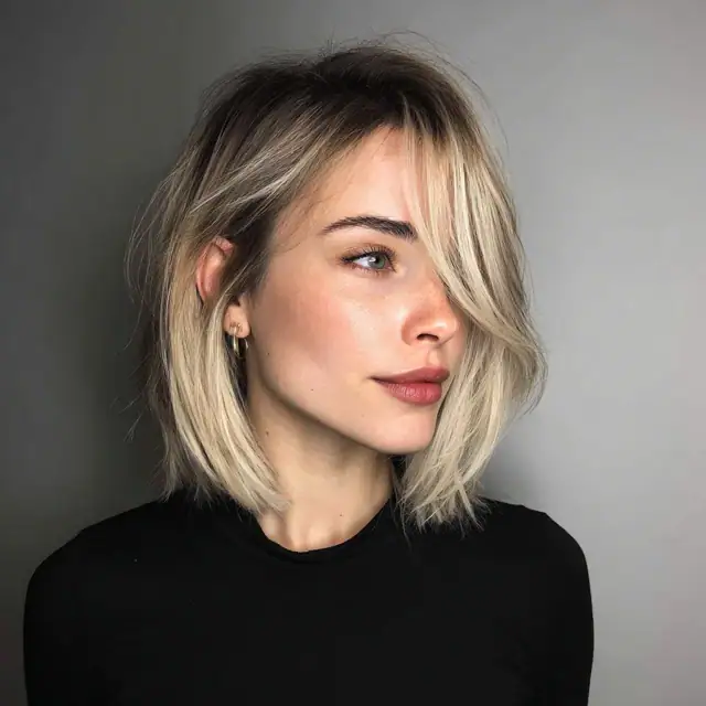 Textured lob haircut with side-swept bangs