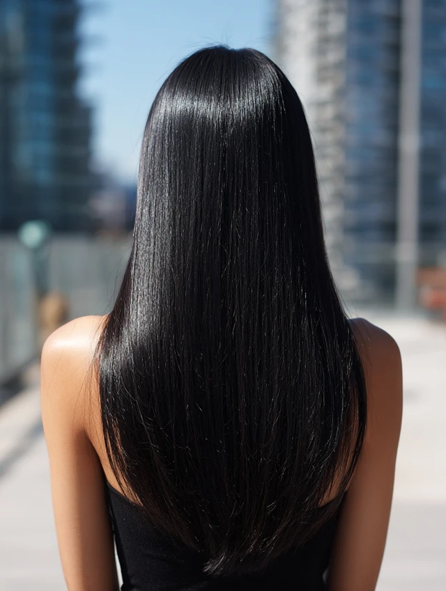 Jet black hair with glossy mirror-like shine