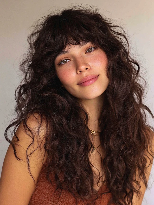 Long curly layered hair with curtain bangs
