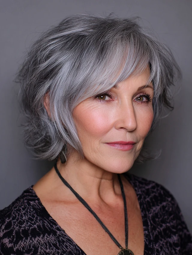 Soft silver shag haircut with face-framing layers