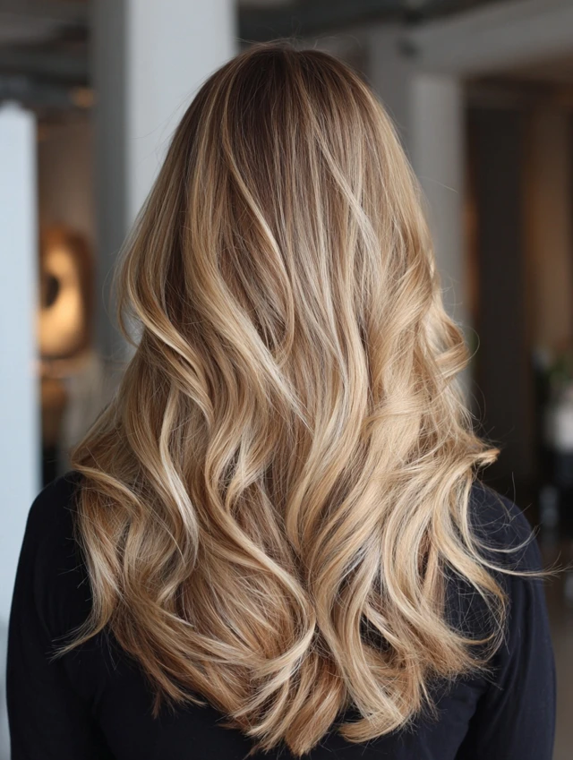 Dark brown hair with golden-blonde balayage flowing through long layers