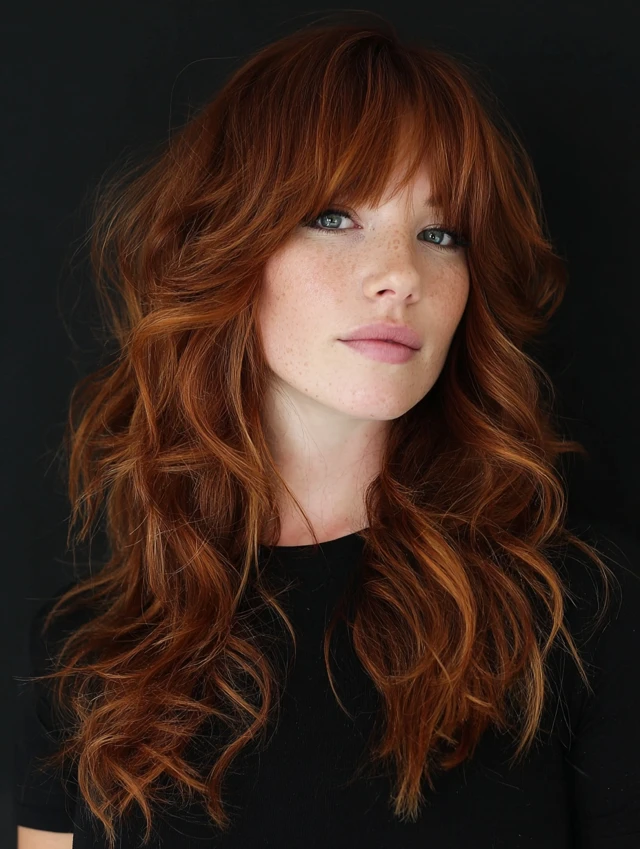 Burnt copper long shag haircut with full bangs