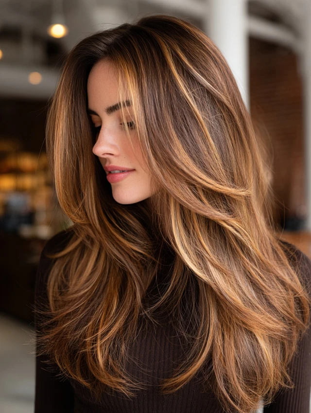 Honey Brown with a Blonde Money Piece — winter hair color idea for brown eyes