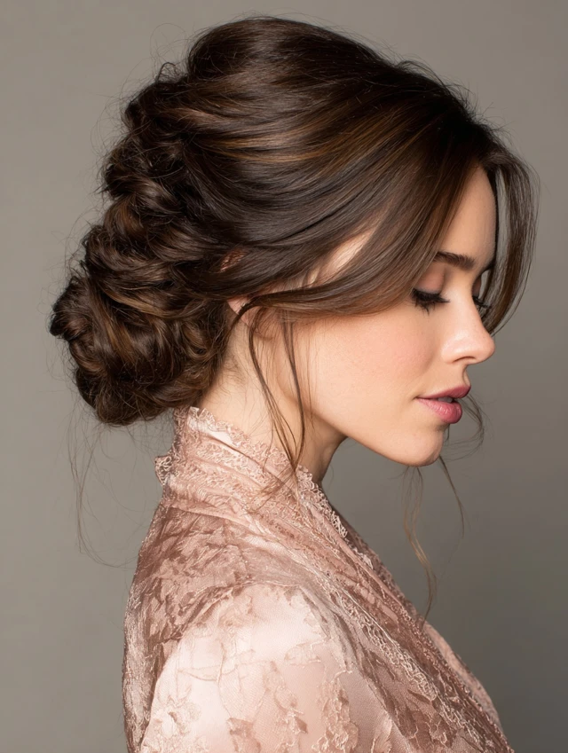 Woman with a woven twisted low updo and face-framing pieces