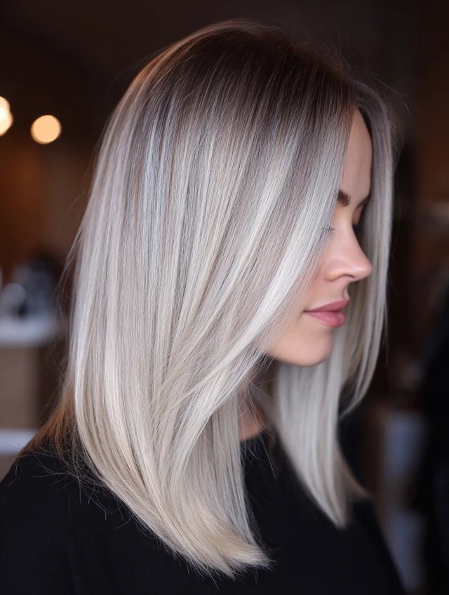 Platinum blonde balayage lob with icy bright ends