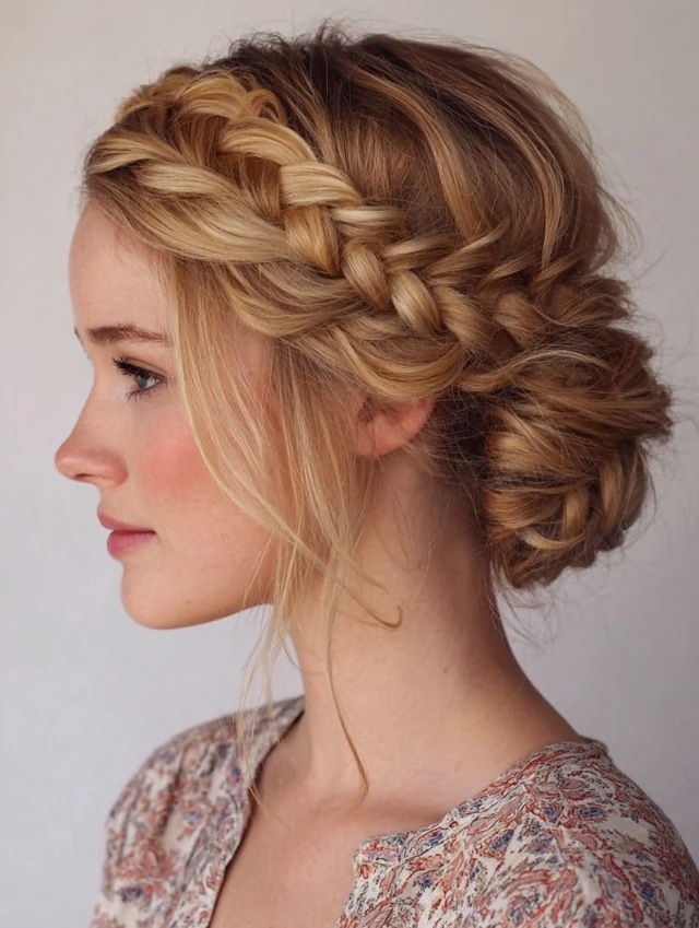 Woman with a braided low bun updo hairstyle