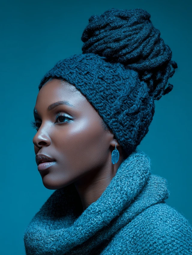 Woman with a braided high bun pulled through a blue beanie