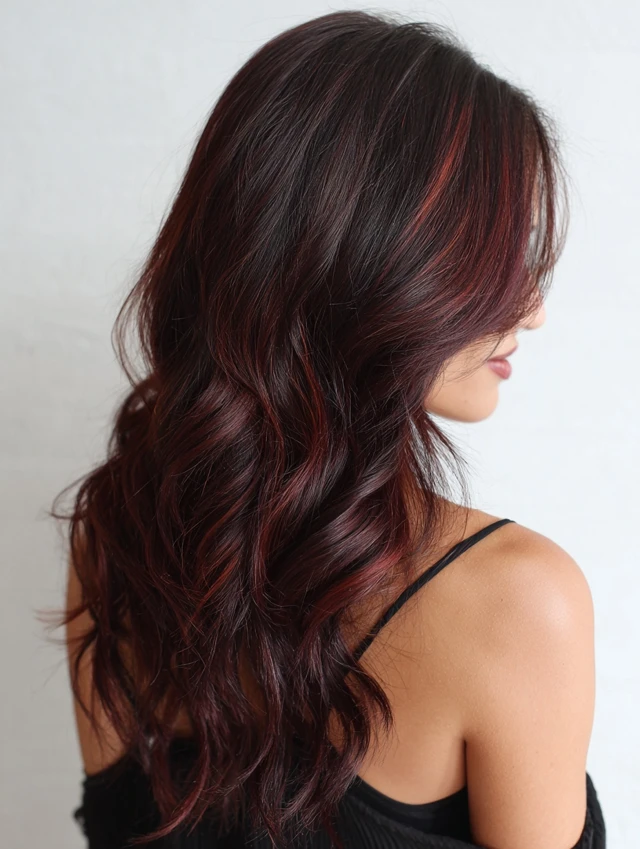 Dark brown wavy hair with hidden copper-red underlights peeking through