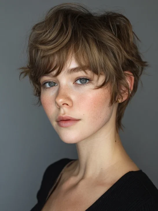 Textured pixie haircut with a side-swept fringe