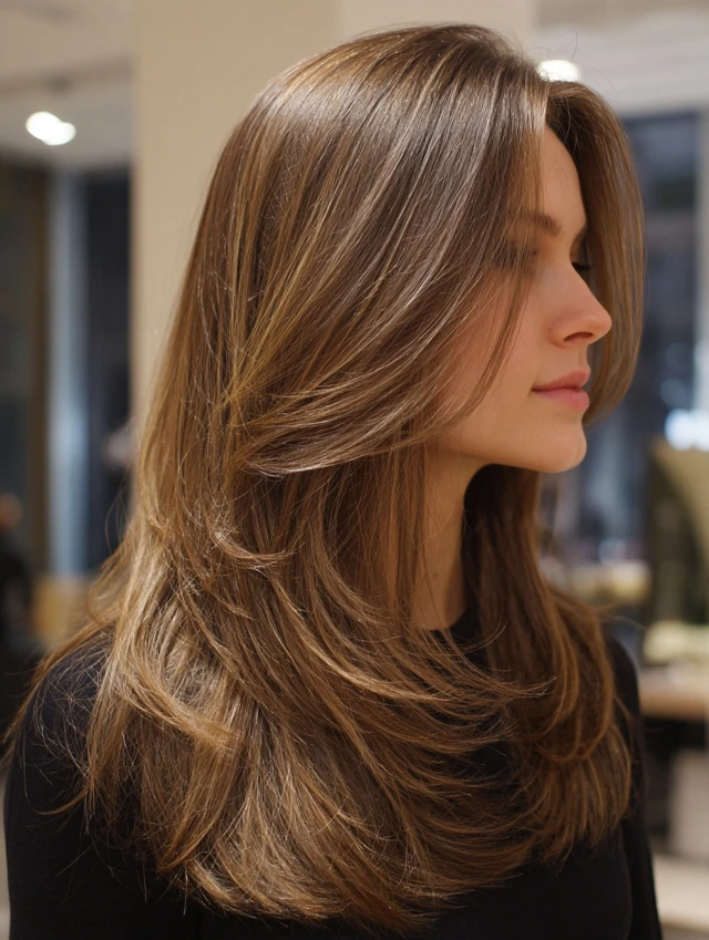 Long layered haircut with face-framing pieces around the face