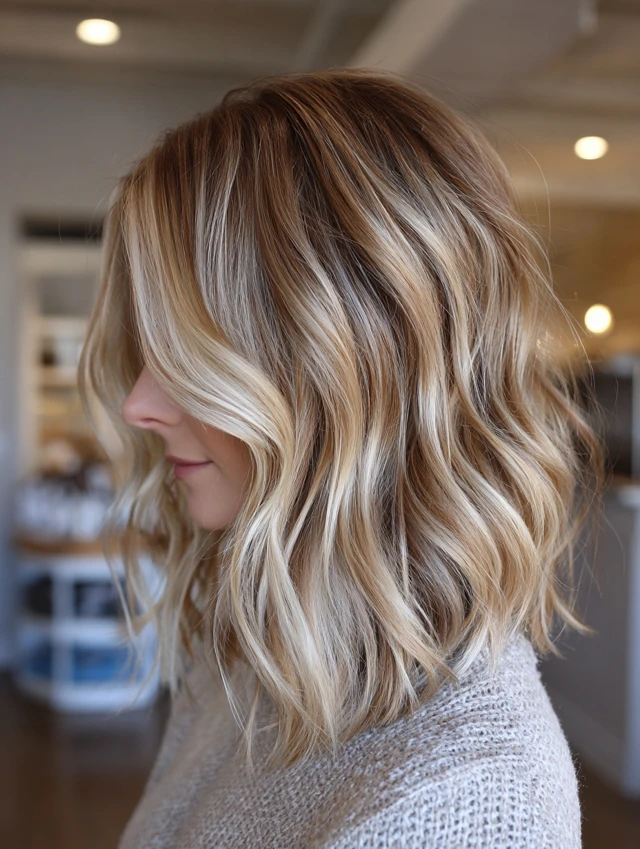 Wavy lob haircut with balayage highlights