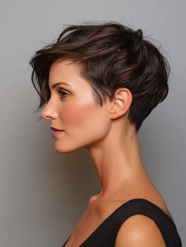 Dark espresso brown pixie cut on a woman