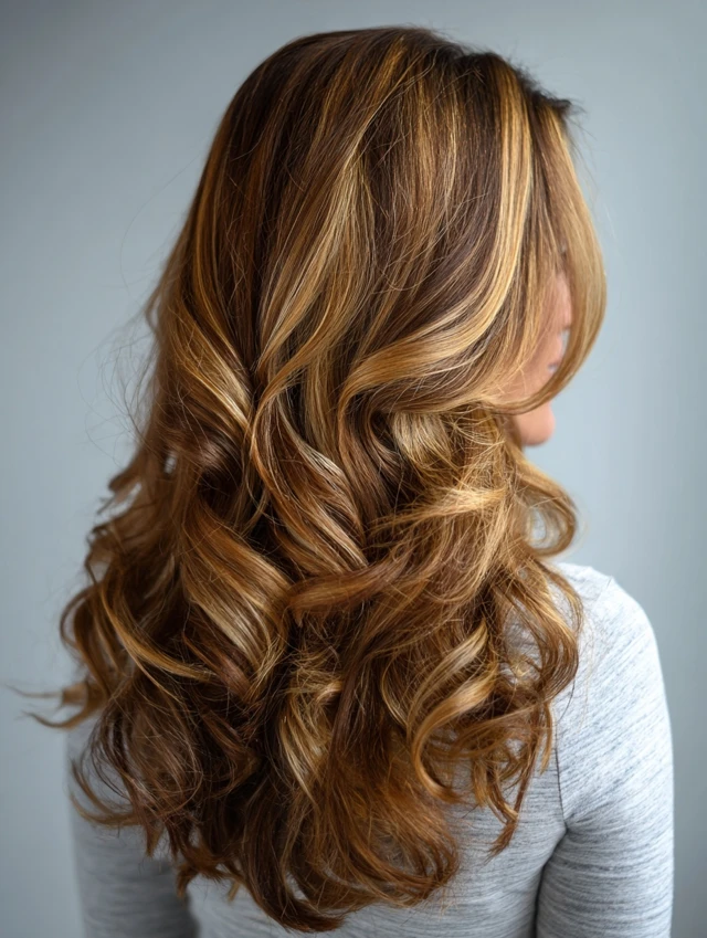 Long wavy honey blonde hair with caramel lowlights, back view