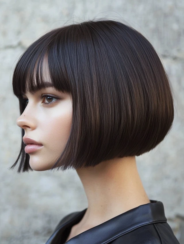 Dark brown French bob with brow-grazing fringe, sleek finish