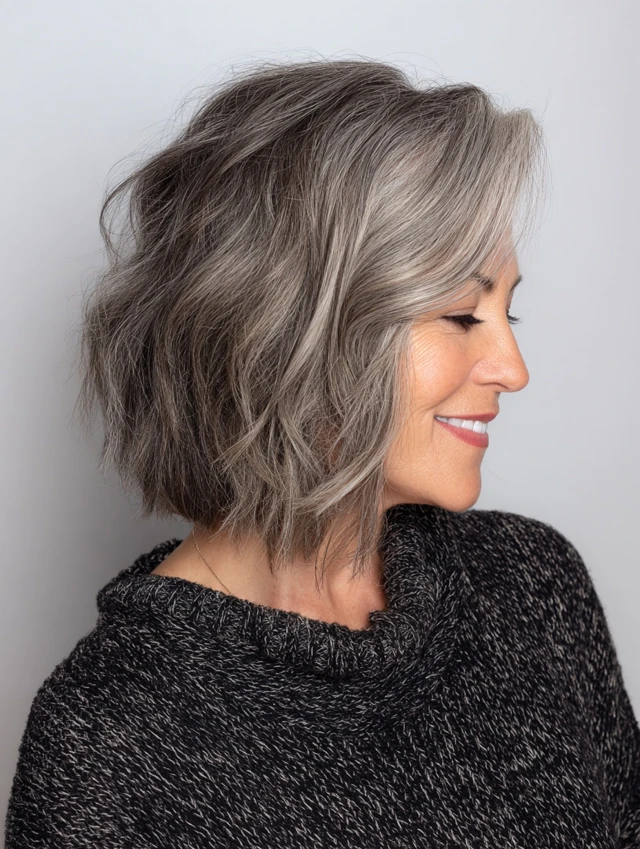 Salt and pepper bob haircut with curtain bangs