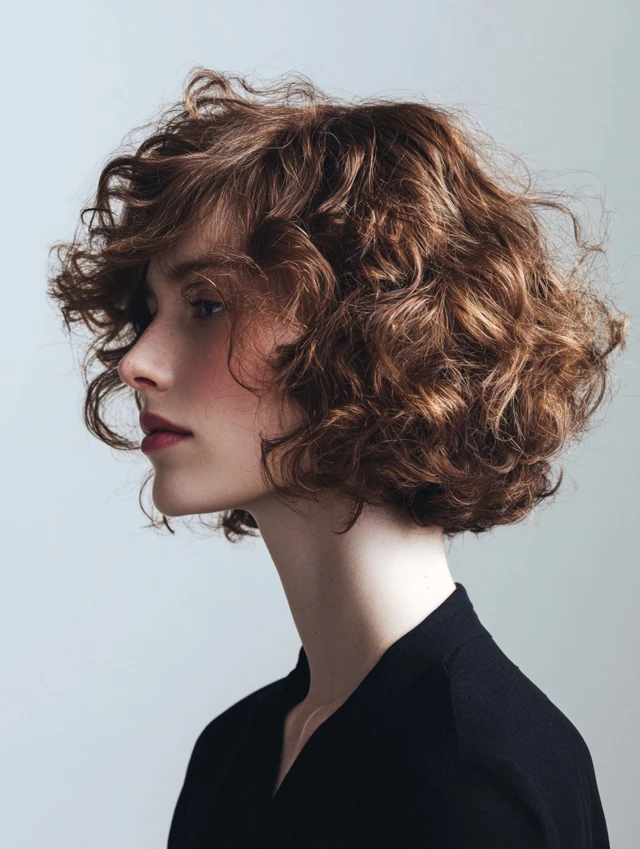 Voluminous fluffy curly bob haircut