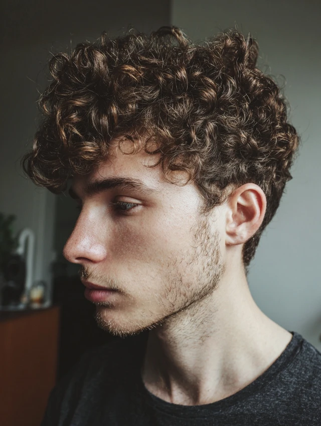 Man with a permed curly fringe haircut