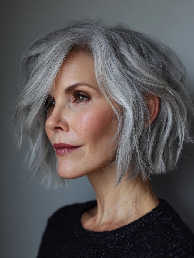 Chin-length wavy bob in warm gray tones