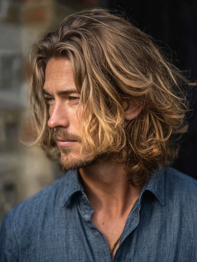 Man with shoulder-length textured wavy hair and highlights