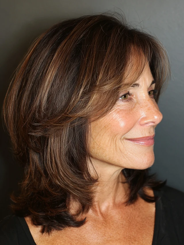 Woman with chocolate brown hair and caramel face-framing highlights