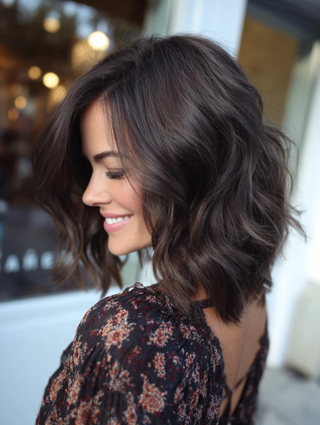 Woman with an effortless dark espresso wavy lob with natural texture