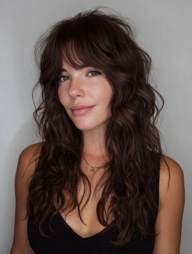 Long dark wavy hair with short curtain bangs