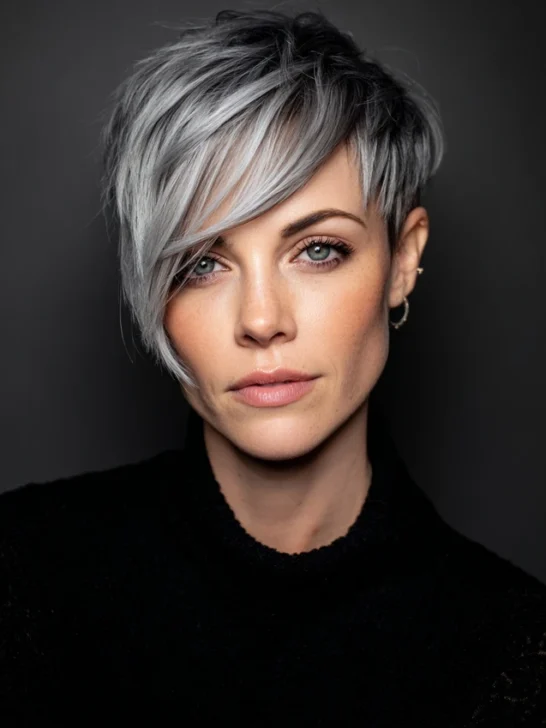 Silver gray pixie cut with a long sweeping fringe